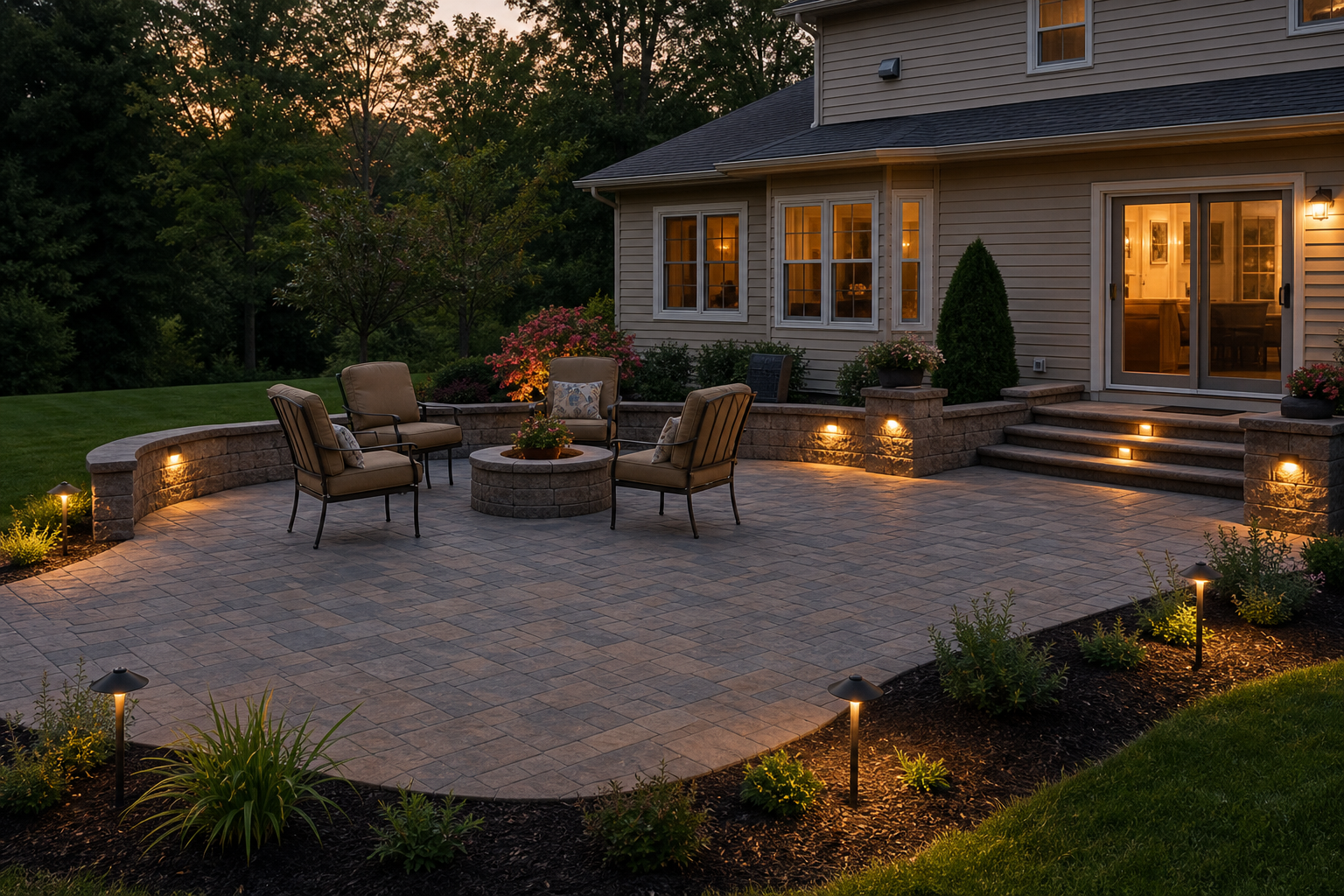 Inviting backyard paver patio with warm landscape lighting and a nice home