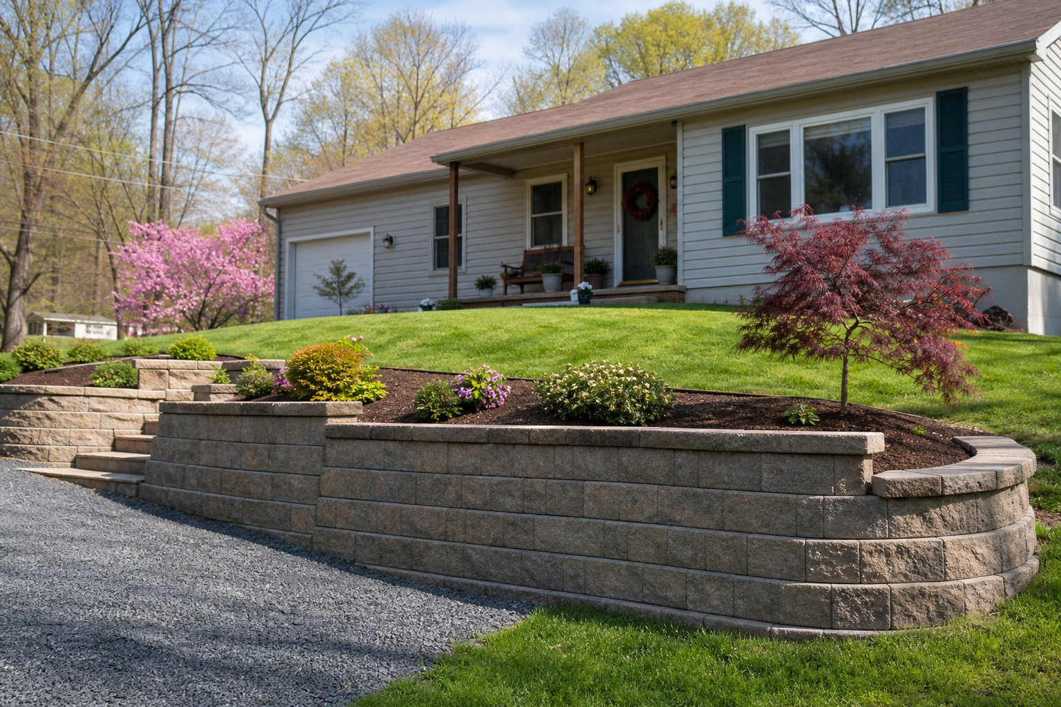 Modest home with a finished block retaining wall and fresh landscape beds